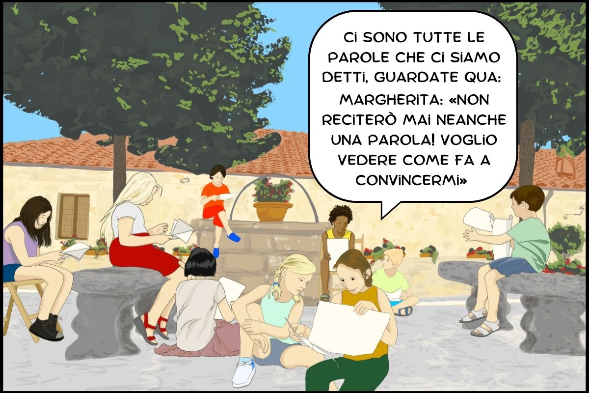 Ci sono tutte le parole che ci siamo detti, guardate qua: Margherita: «non reciterò mai neanche una parola! Voglio vedere come fa a convincermi»