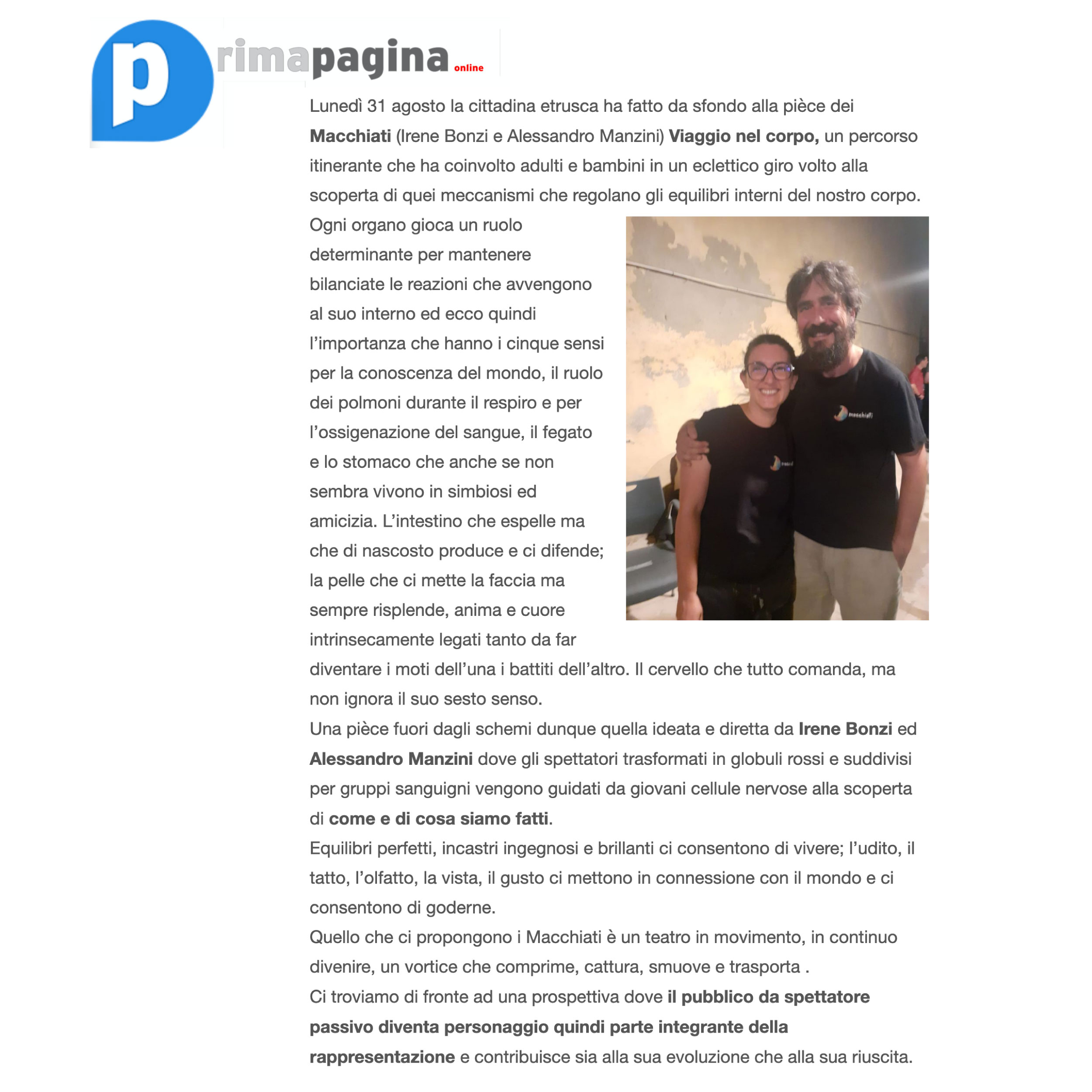 Articolo di "Prima Pagina" su viaggio nel corpo